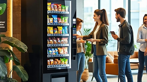 People interacting with a vending machine.